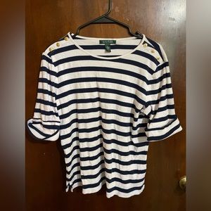 Ralph Lauren t shirt blue and white stripes gold button. Detail XL